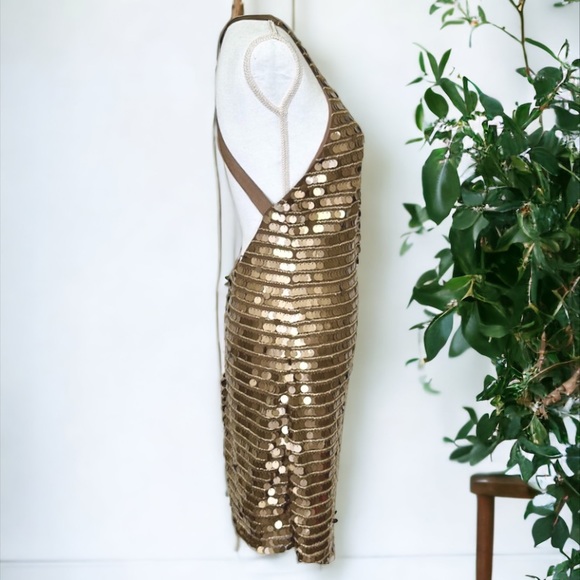 BCBG Maxazria IMAN SEQUIN BRONZE COIN CRISS CROSS PAILLETTE COIN MINI DRESS - Picture 7 of 13